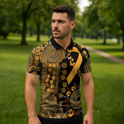 Hope For Childhood Cancer Support Personalised Zipper Polo Shirt Aboriginal Gold Ribbon Dot Painting