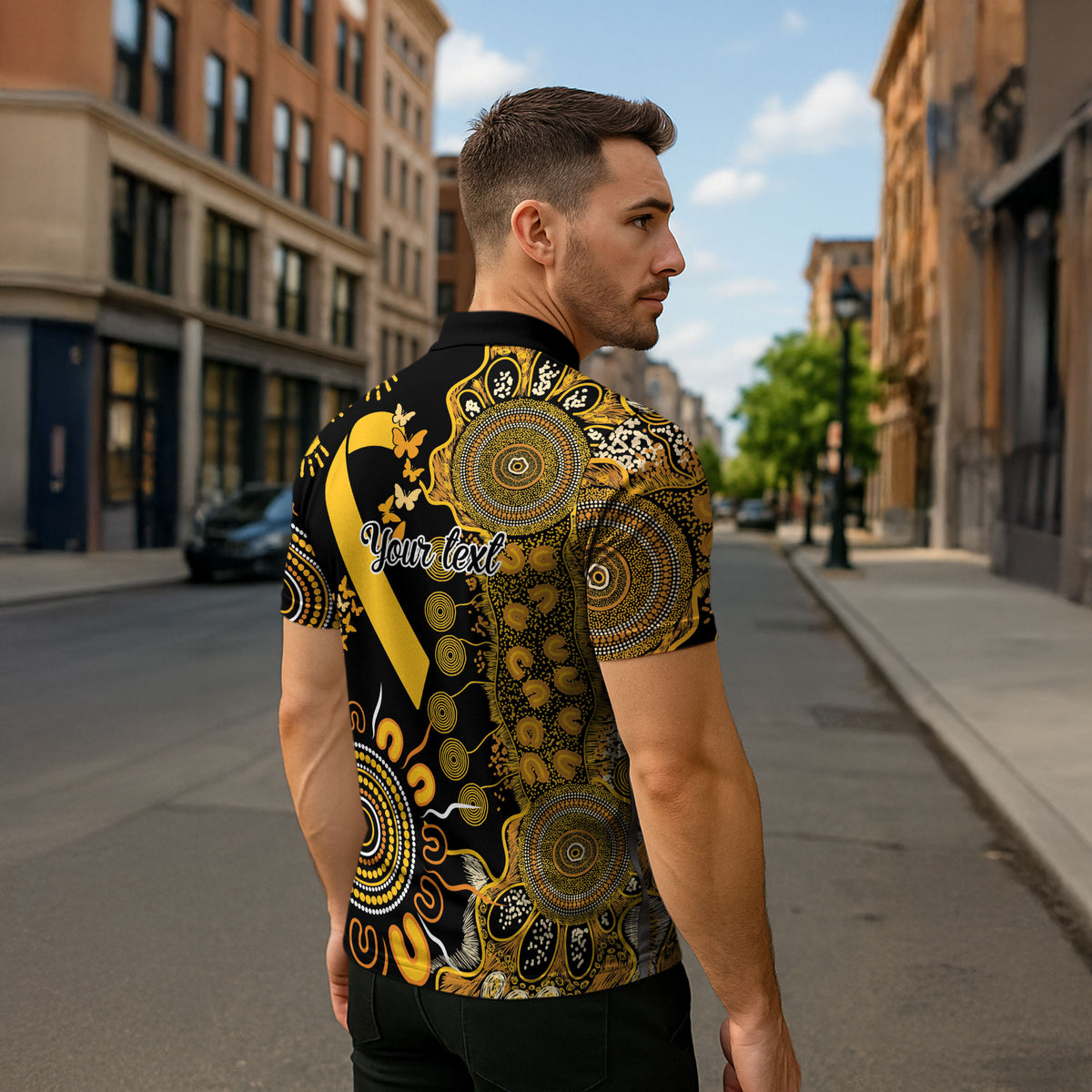 Hope For Childhood Cancer Support Personalised Zipper Polo Shirt Aboriginal Gold Ribbon Dot Painting