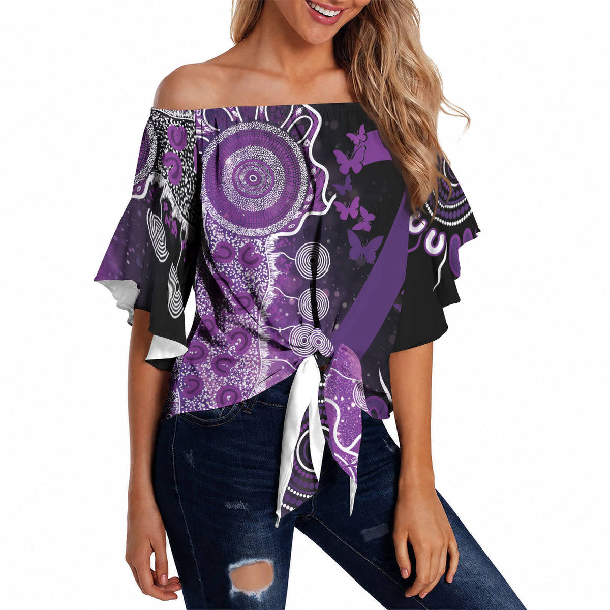 Australia Domestic Violence Support Personalised Off Shoulder Wrap Waist Top Aboriginal Ribbon Dot Painting