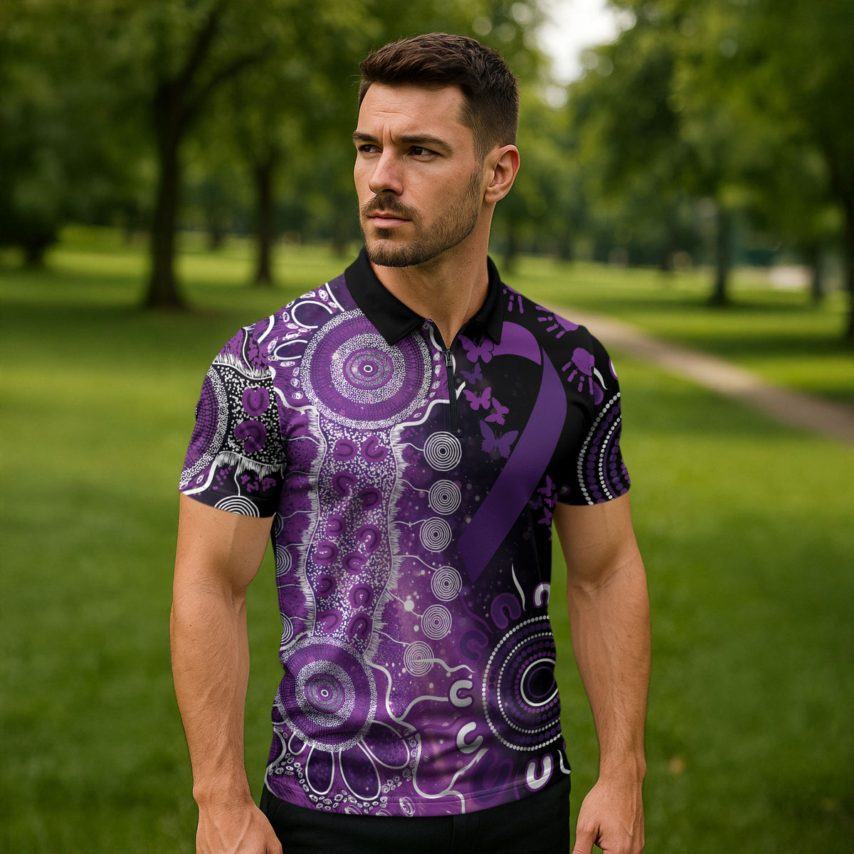 Australia Domestic Violence Support Personalised Zipper Polo Shirt Aboriginal Ribbon Dot Painting