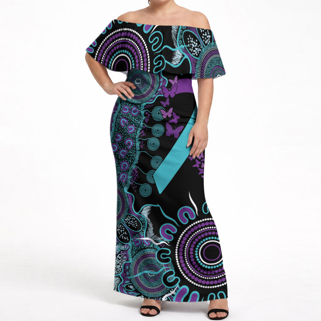 Australia You Matter Suicide Prevention Support Personalised Off Shoulder Maxi Dress Aboriginal Ribbon Dot Painting