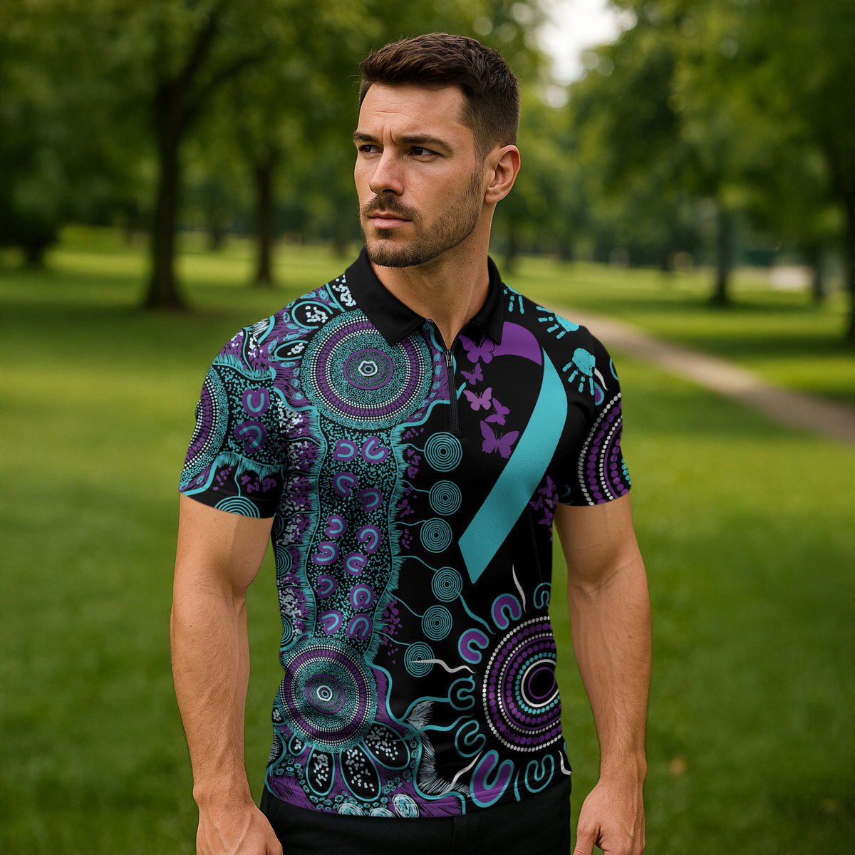 Australia You Matter Suicide Prevention Support Personalised Zipper Polo Shirt Aboriginal Ribbon Dot Painting