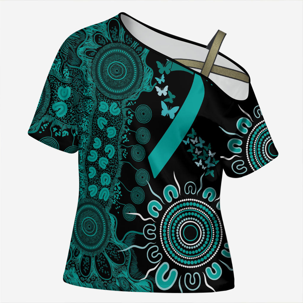 Australia Ovarian Cancer Support Personalised Cross Shoulder Shirt Aboriginal Ribbon Dot Painting
