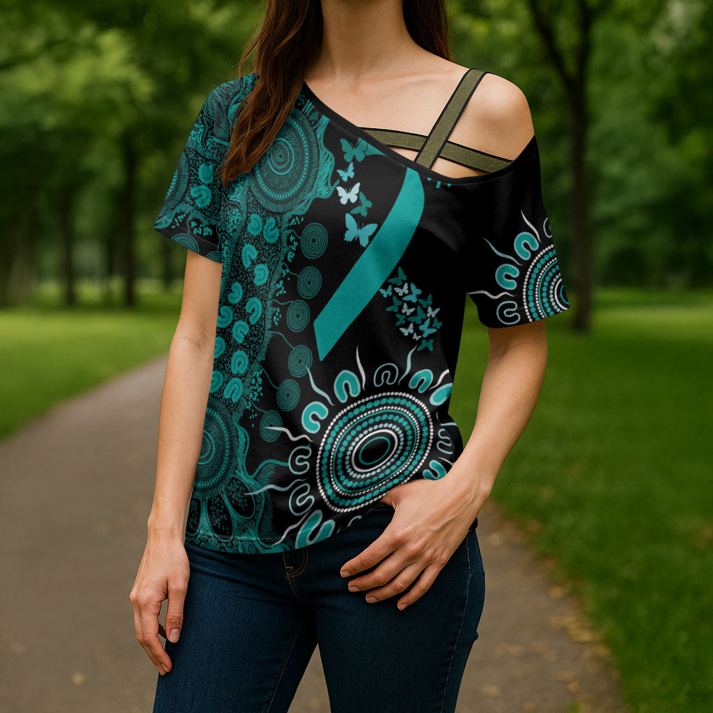 Australia Ovarian Cancer Support Personalised Cross Shoulder Shirt Aboriginal Ribbon Dot Painting