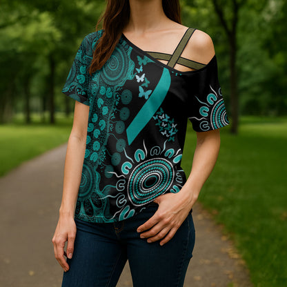 Australia Ovarian Cancer Support Personalised Cross Shoulder Shirt Aboriginal Ribbon Dot Painting