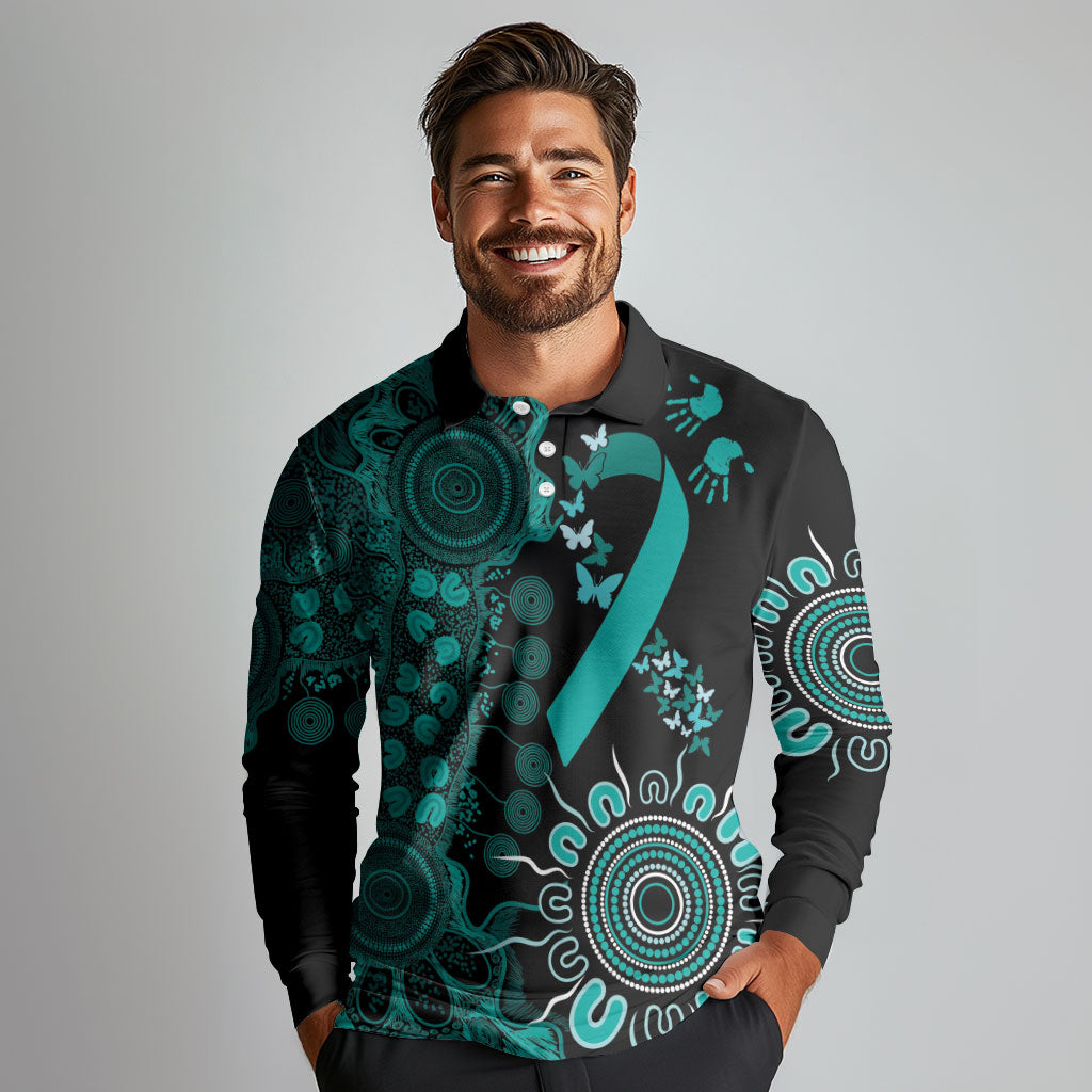 Australia Ovarian Cancer Support Personalised Long Sleeve Polo Shirt Aboriginal Ribbon Dot Painting