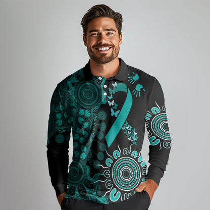 Australia Ovarian Cancer Support Personalised Long Sleeve Polo Shirt Aboriginal Ribbon Dot Painting