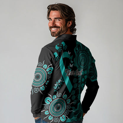 Australia Ovarian Cancer Support Personalised Long Sleeve Polo Shirt Aboriginal Ribbon Dot Painting