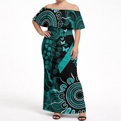 Australia Ovarian Cancer Support Personalised Off Shoulder Maxi Dress Aboriginal Ribbon Dot Painting