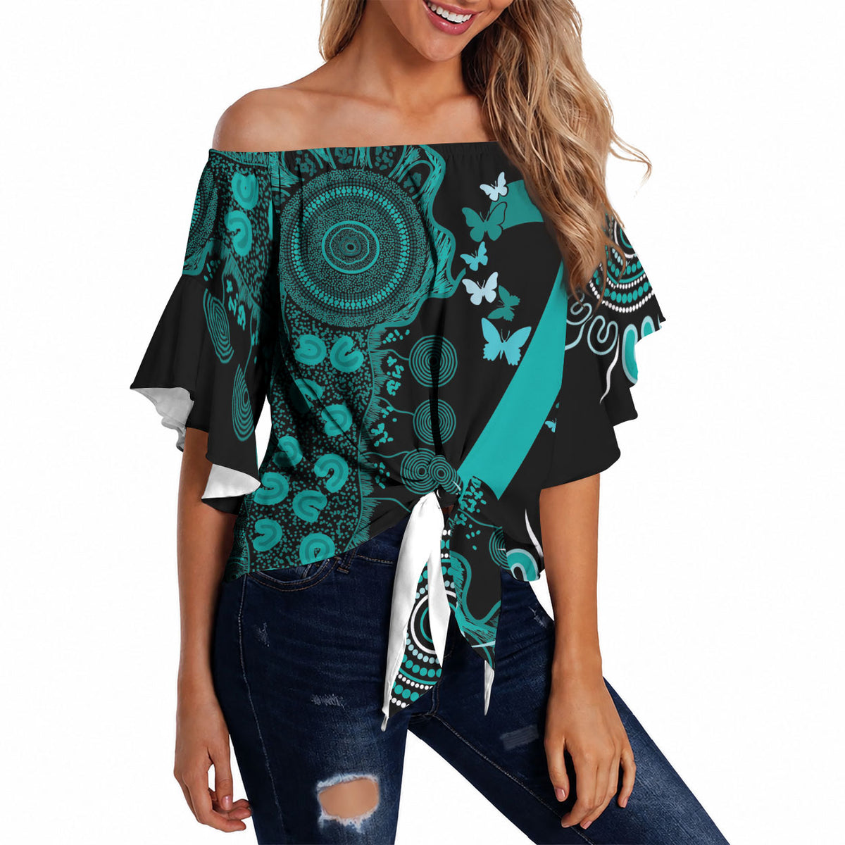 Australia Ovarian Cancer Support Personalised Off Shoulder Wrap Waist Top Aboriginal Ribbon Dot Painting