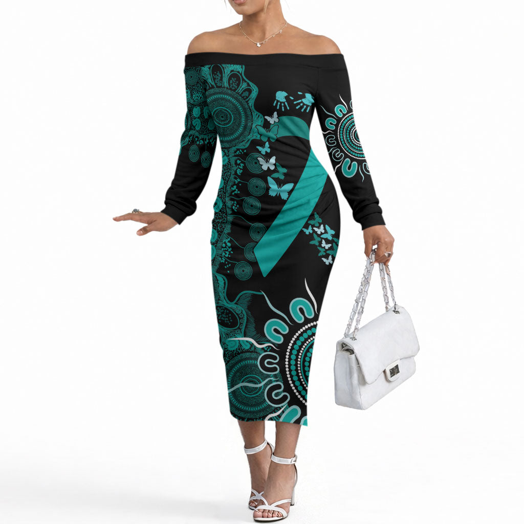 Australia Ovarian Cancer Support Personalised Off The Shoulder Long Sleeve Dress Aboriginal Ribbon Dot Painting