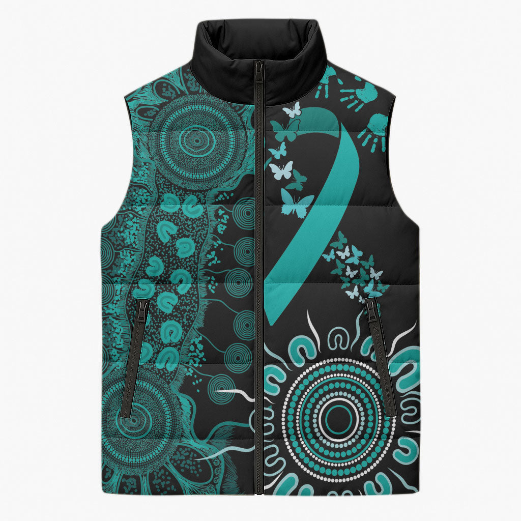 Australia Ovarian Cancer Support Personalised Sleeveless Puffer Jacket Aboriginal Ribbon Dot Painting