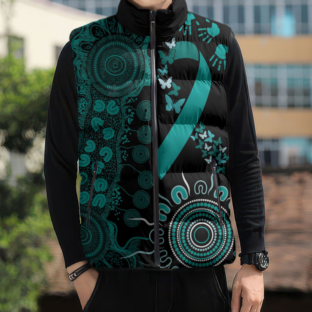 Australia Ovarian Cancer Support Personalised Sleeveless Puffer Jacket Aboriginal Ribbon Dot Painting