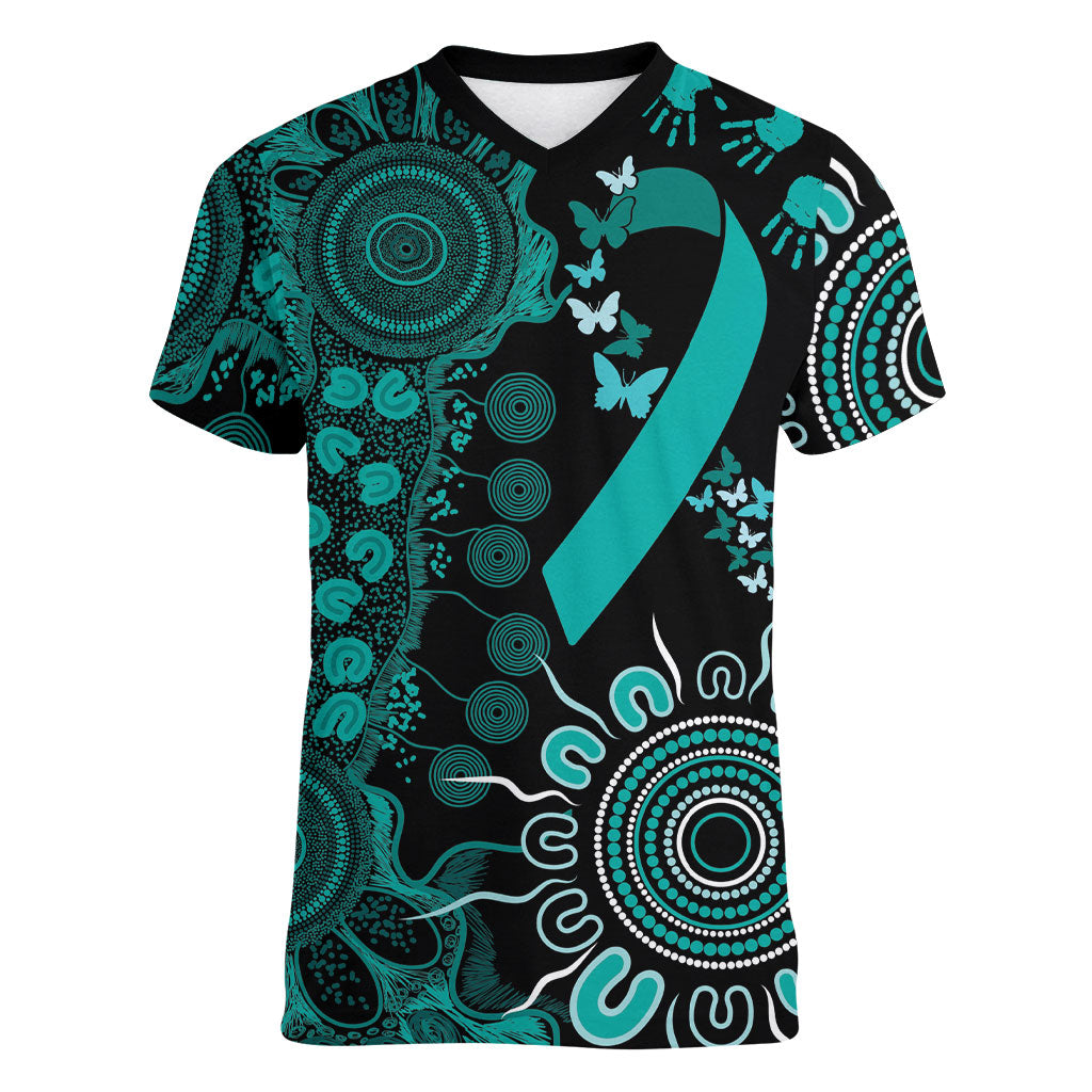 Australia Ovarian Cancer Support Personalised Women V-Neck T-Shirt Aboriginal Ribbon Dot Painting