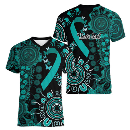 Australia Ovarian Cancer Support Personalised Women V-Neck T-Shirt Aboriginal Ribbon Dot Painting