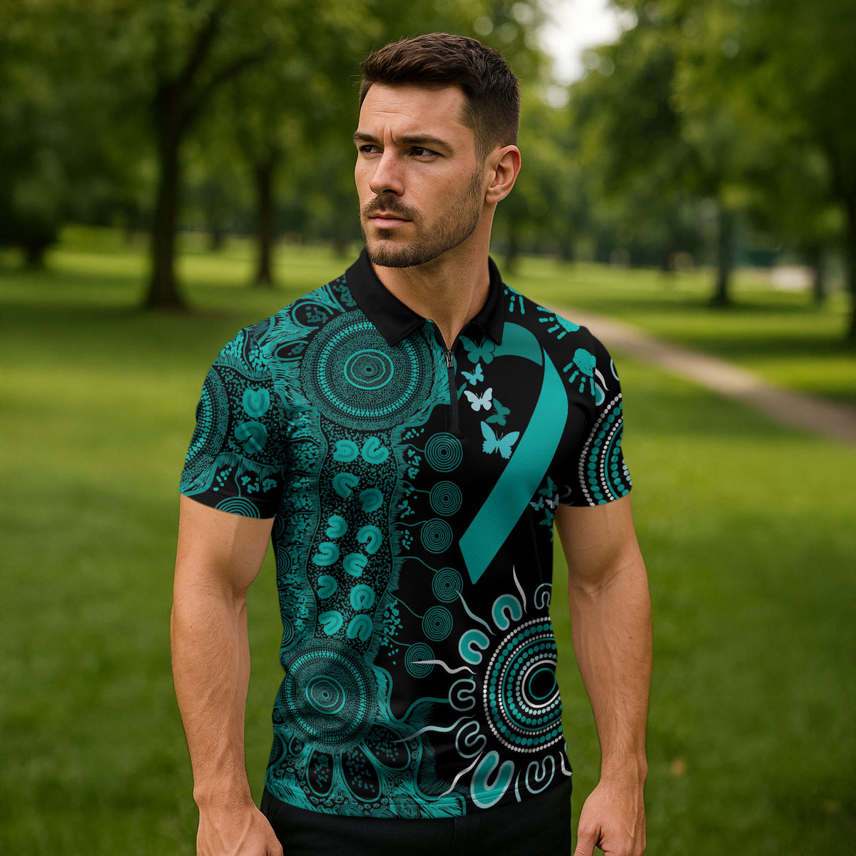 Australia Ovarian Cancer Support Personalised Zipper Polo Shirt Aboriginal Ribbon Dot Painting