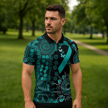 Australia Ovarian Cancer Support Personalised Zipper Polo Shirt Aboriginal Ribbon Dot Painting