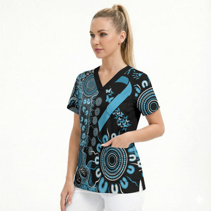 Australia Prostate Cancer Support Personalised Scrub Top Aboriginal Ribbon Dot Painting