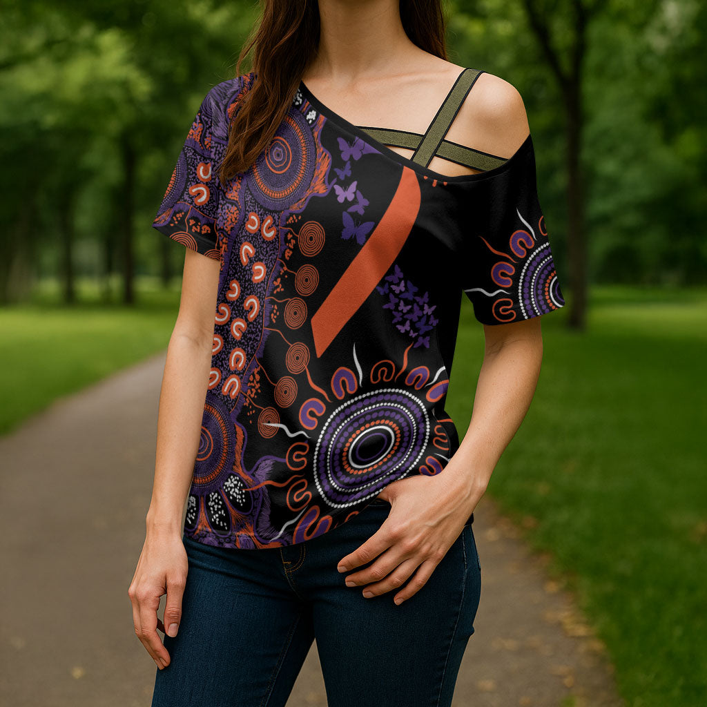 Australia Psoriasis Support Personalised Cross Shoulder Shirt Aboriginal Ribbon Dot Painting
