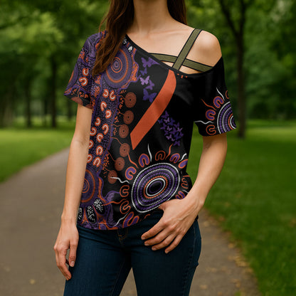 Australia Psoriasis Support Personalised Cross Shoulder Shirt Aboriginal Ribbon Dot Painting