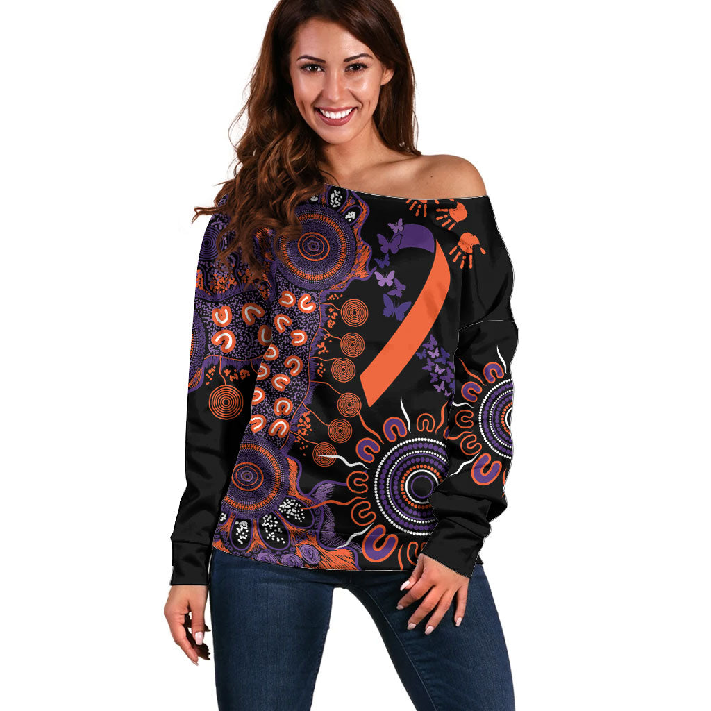 Australia Psoriasis Support Personalised Off Shoulder Sweater Aboriginal Ribbon Dot Painting
