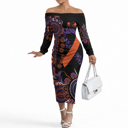 Australia Psoriasis Support Personalised Off The Shoulder Long Sleeve Dress Aboriginal Ribbon Dot Painting