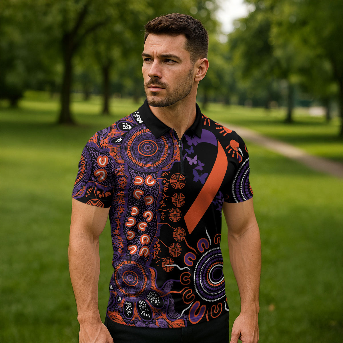 Australia Psoriasis Support Personalised Zipper Polo Shirt Aboriginal Ribbon Dot Painting