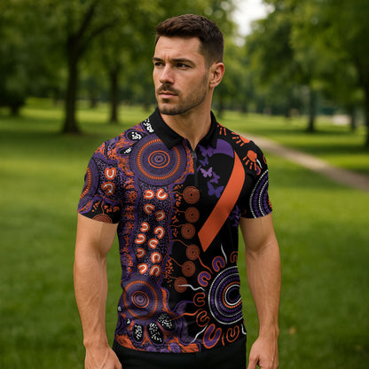 Australia Psoriasis Support Personalised Zipper Polo Shirt Aboriginal Ribbon Dot Painting