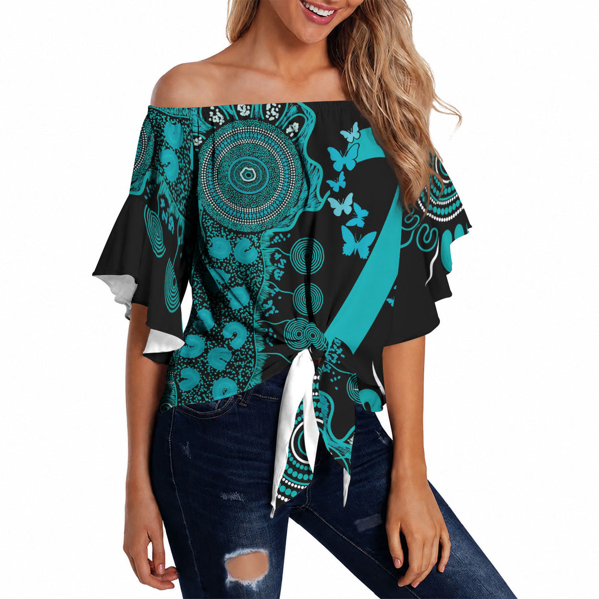 Australia PTSD Support Healing From Trauma Personalised Off Shoulder Wrap Waist Top Aboriginal Ribbon Dot Painting