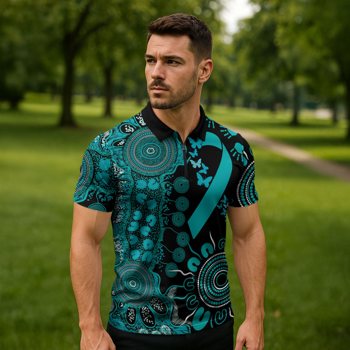 Australia PTSD Support Healing From Trauma Personalised Zipper Polo Shirt Aboriginal Ribbon Dot Painting