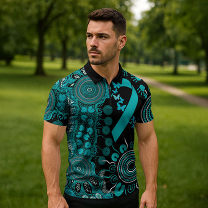 Australia PTSD Support Healing From Trauma Personalised Zipper Polo Shirt Aboriginal Ribbon Dot Painting