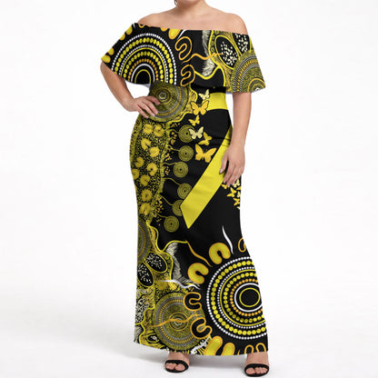 Sarcoma Support Rare Cancer Strength Personalised Off Shoulder Maxi Dress Aboriginal Ribbon Dot Painting
