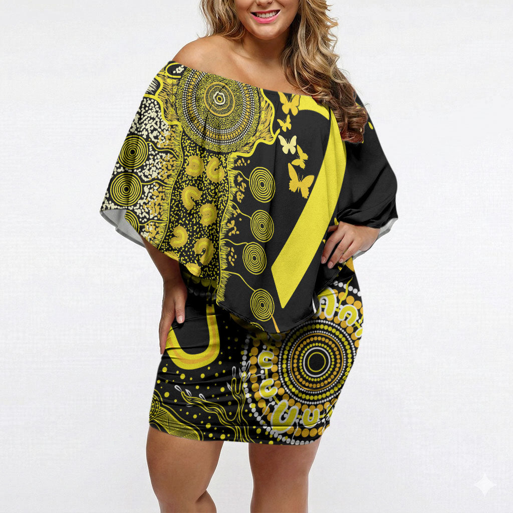 Sarcoma Support Rare Cancer Strength Personalised Off Shoulder Short Dress Aboriginal Ribbon Dot Painting