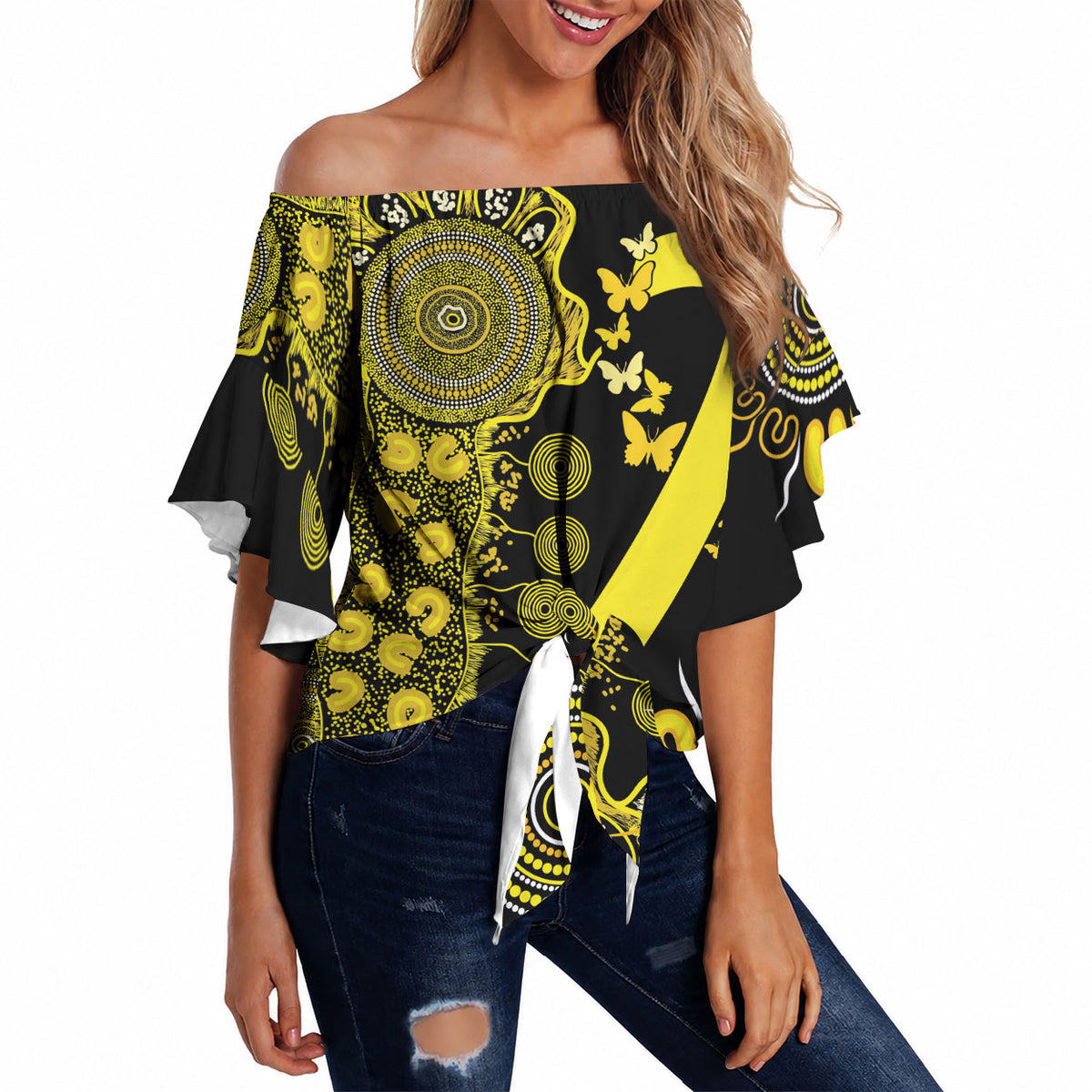 Sarcoma Support Rare Cancer Strength Personalised Off Shoulder Wrap Waist Top Aboriginal Ribbon Dot Painting