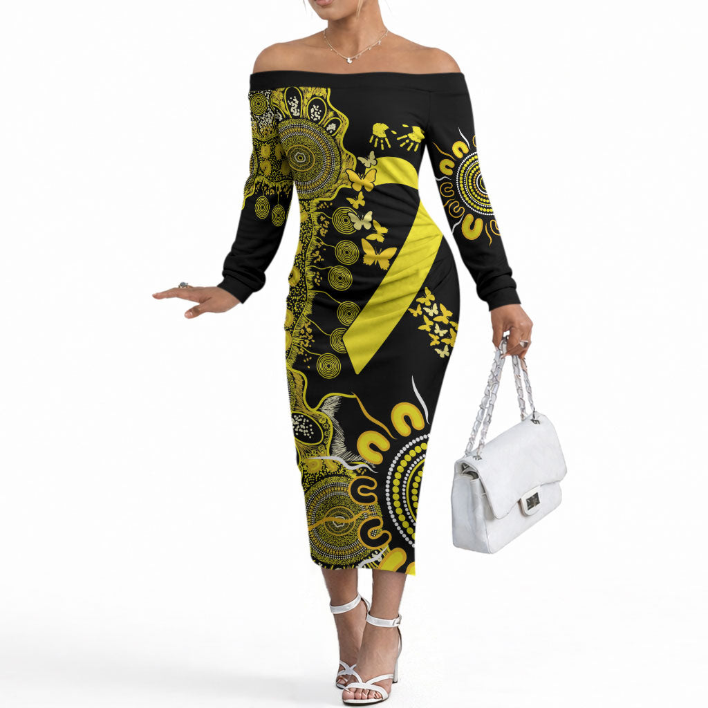Sarcoma Support Rare Cancer Strength Personalised Off The Shoulder Long Sleeve Dress Aboriginal Ribbon Dot Painting