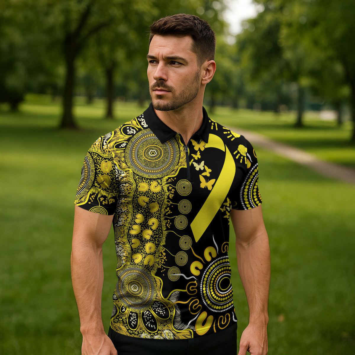 Sarcoma Support Rare Cancer Strength Personalised Zipper Polo Shirt Aboriginal Ribbon Dot Painting