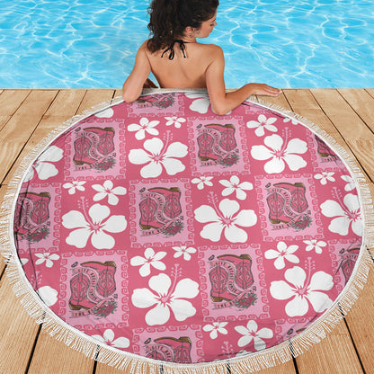 Give Cancer The Boot Pink Cowgirl Beach Blanket Western Aloha Hibiscus Paniolo Heritage Floral