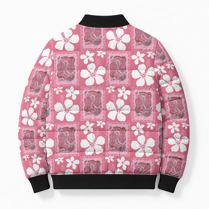 Give Cancer The Boot Pink Cowgirl Bomber Puffer Jacket Western Aloha Hibiscus Paniolo Heritage Floral