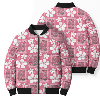 Give Cancer The Boot Pink Cowgirl Bomber Puffer Jacket Western Aloha Hibiscus Paniolo Heritage Floral