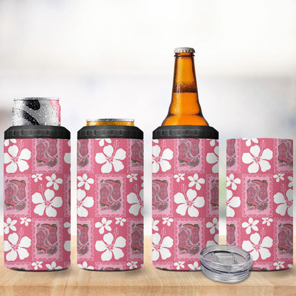 Give Cancer The Boot Pink Cowgirl 4 in 1 Can Cooler Tumbler Western Aloha Hibiscus Paniolo Heritage Floral