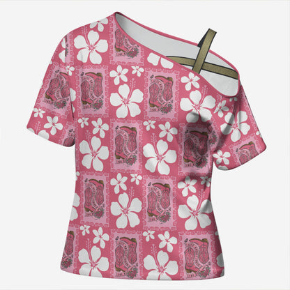 Give Cancer The Boot Pink Cowgirl Cross Shoulder Shirt Western Aloha Hibiscus Paniolo Heritage Floral
