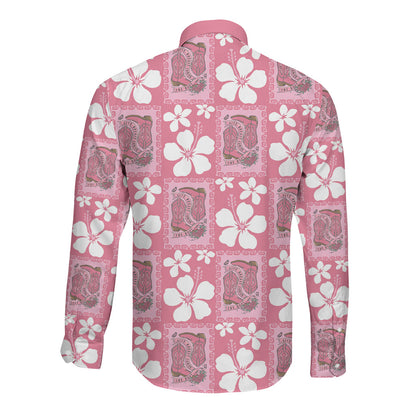 Give Cancer The Boot Pink Cowgirl Long Sleeve Button Shirt Western Aloha Hibiscus Paniolo Heritage Floral