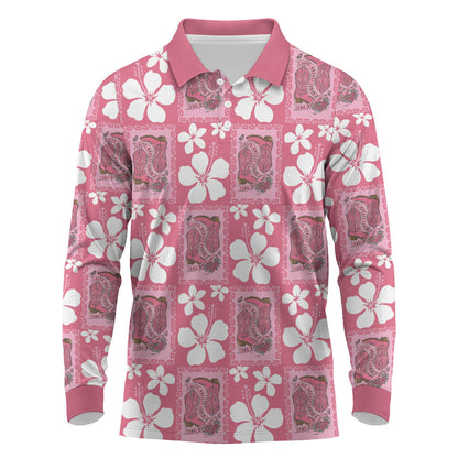 Give Cancer The Boot Pink Cowgirl Long Sleeve Polo Shirt Western Aloha Hibiscus Paniolo Heritage Floral