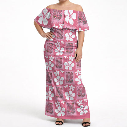 Give Cancer The Boot Pink Cowgirl Off Shoulder Maxi Dress Western Aloha Hibiscus Paniolo Heritage Floral