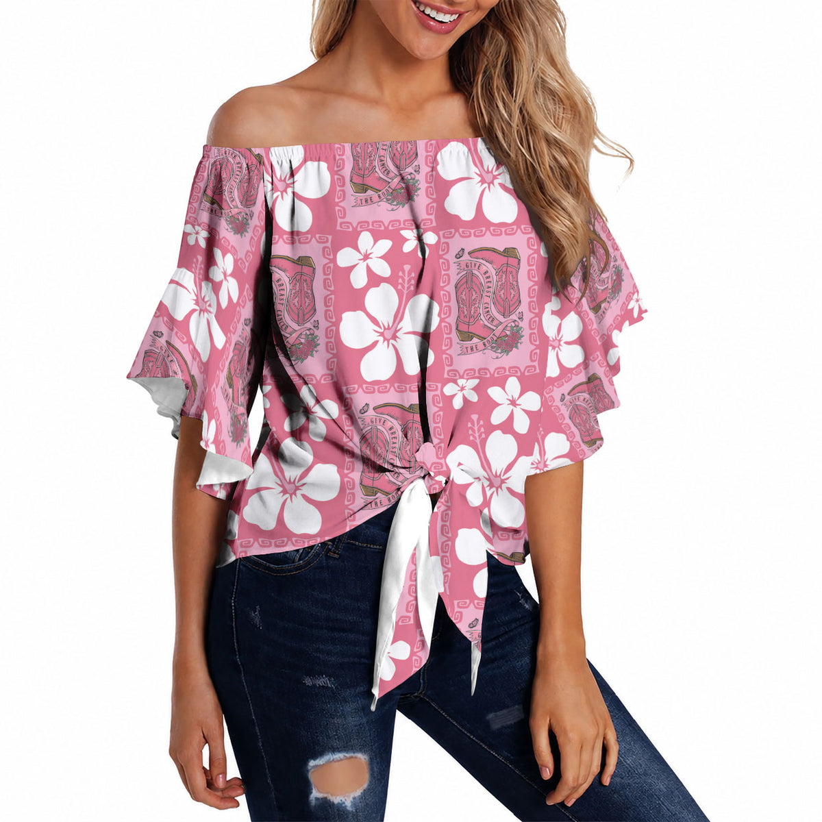Give Cancer The Boot Pink Cowgirl Off Shoulder Wrap Waist Top Western Aloha Hibiscus Paniolo Heritage Floral