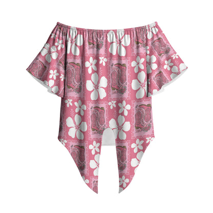 Give Cancer The Boot Pink Cowgirl Off Shoulder Wrap Waist Top Western Aloha Hibiscus Paniolo Heritage Floral