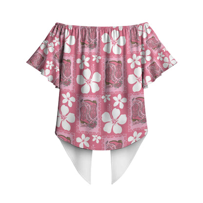 Give Cancer The Boot Pink Cowgirl Off Shoulder Wrap Waist Top Western Aloha Hibiscus Paniolo Heritage Floral