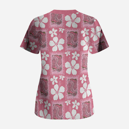 Give Cancer The Boot Pink Cowgirl Scrub Top Western Aloha Hibiscus Paniolo Heritage Floral