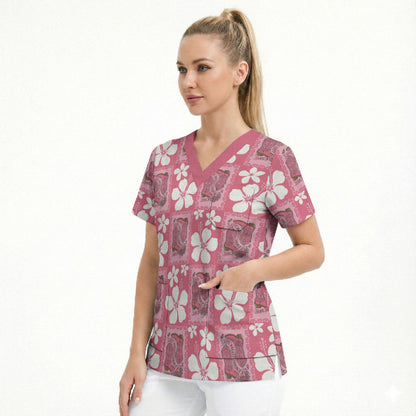 Give Cancer The Boot Pink Cowgirl Scrub Top Western Aloha Hibiscus Paniolo Heritage Floral