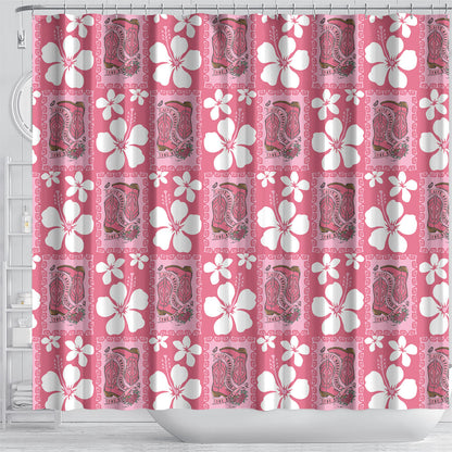 Give Cancer The Boot Pink Cowgirl Shower Curtain Western Aloha Hibiscus Paniolo Heritage Floral